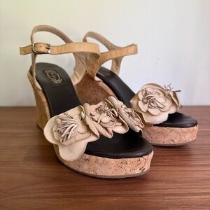 Salpy Beige Leather and Cork Wedge Ankle Strap Heels Sandals, Flowers, size 8.5